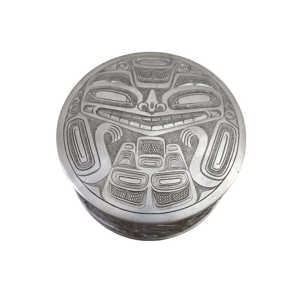 Vintage Boma Native Tribal Bear Mask Fine Pewter Canister Lid Trinket Box Decor